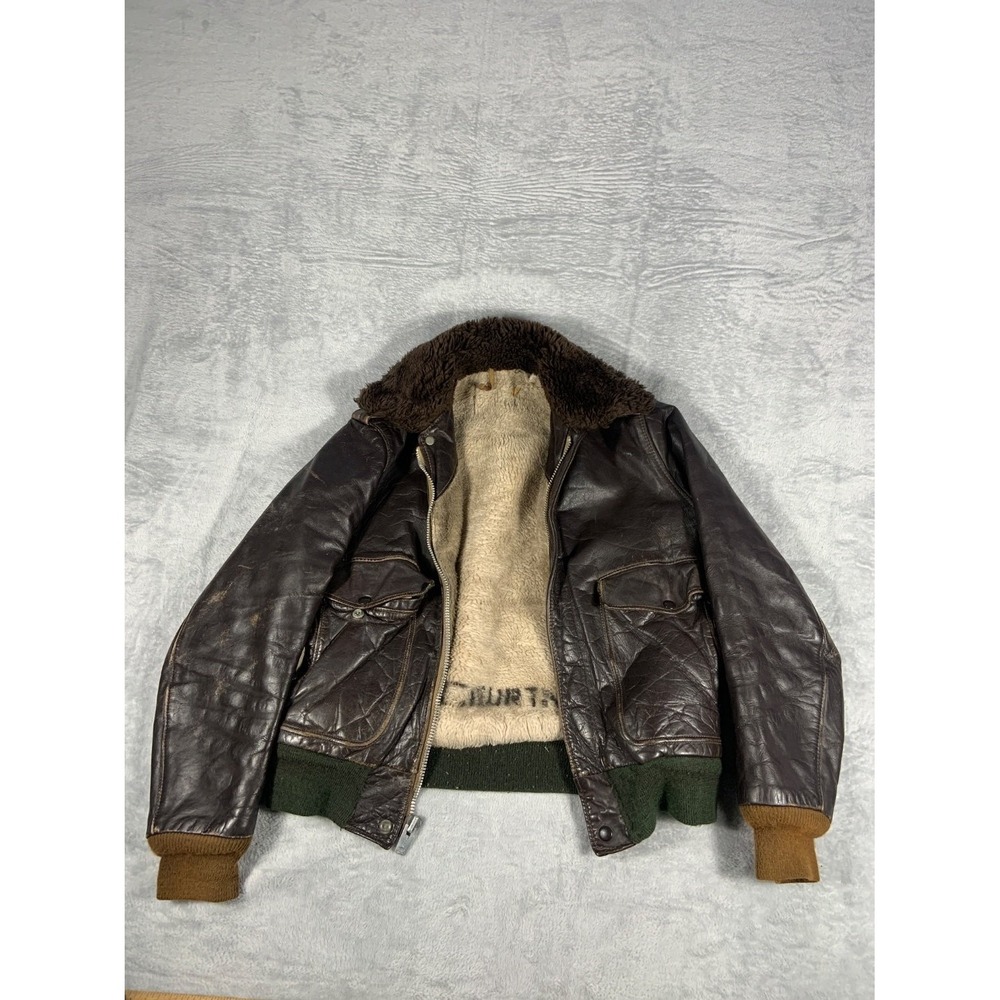 Vintage 70s G-1 Style Leather Flight Jacket Bomber Pile Lined Brown Women Size L